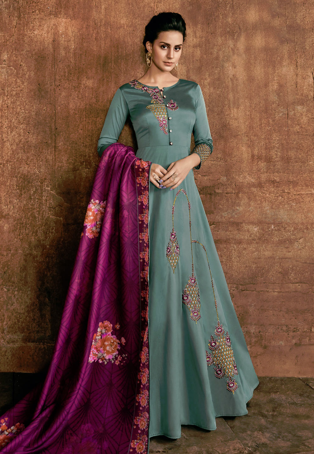 Sea Green Rayon Readymade Embroidered Abaya Style Anarkali Suit 167748
