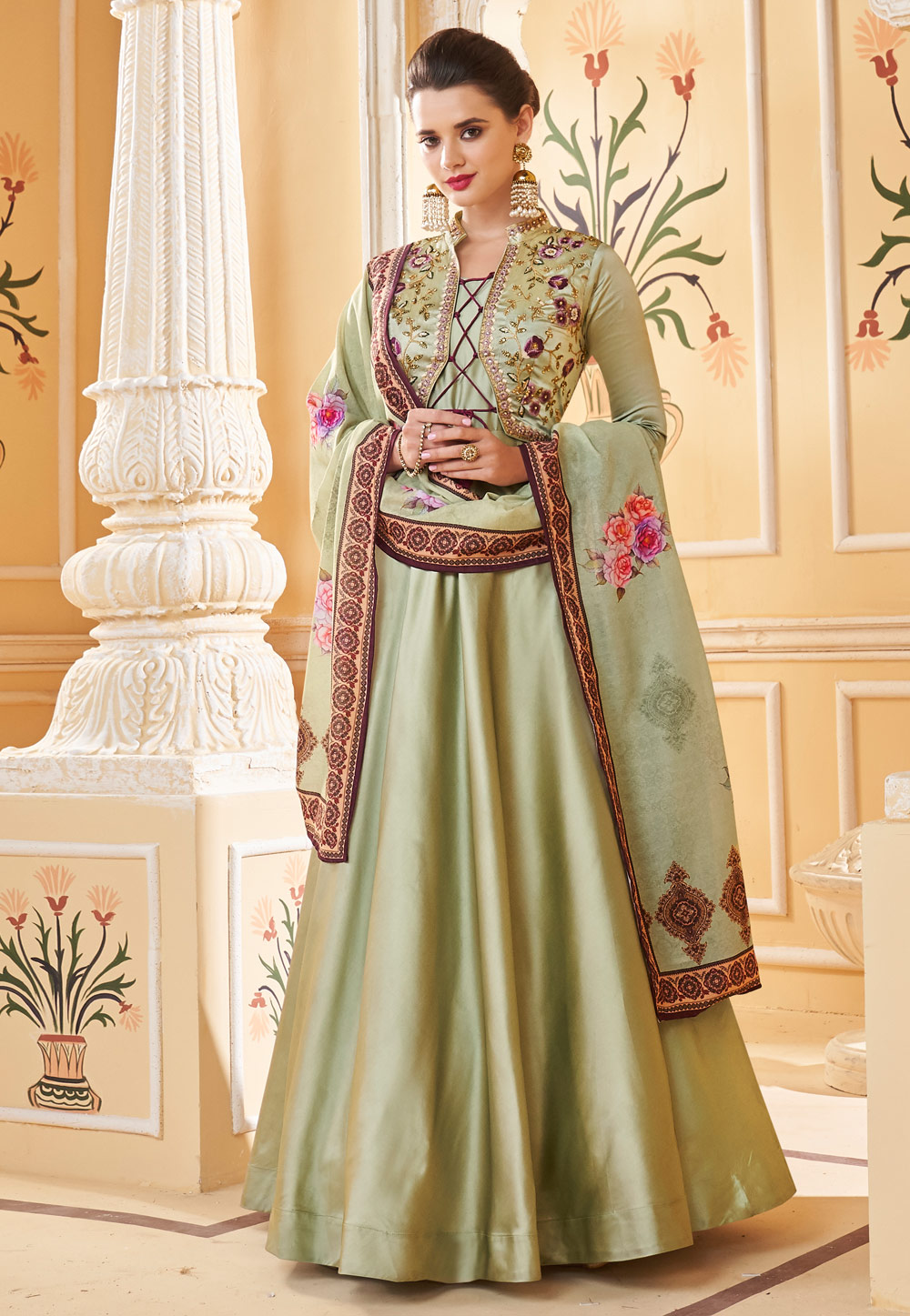 Light Green Silk Anarkali Suit 185728