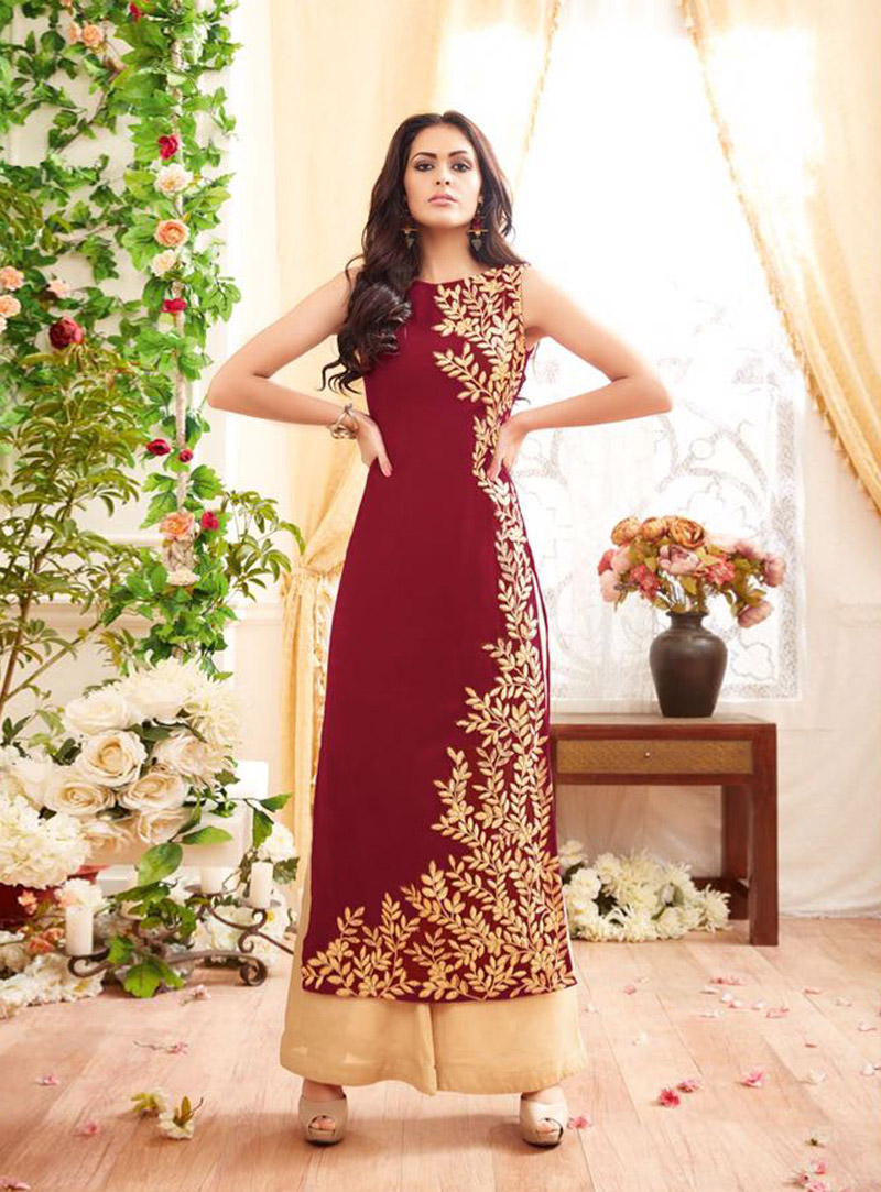 Maroon Georgette Palazzo Style Suit 81072