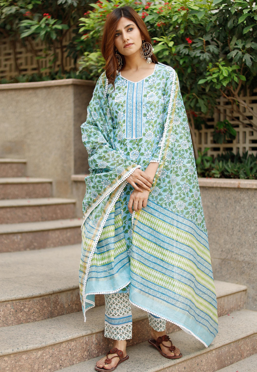 Sea Green Cotton Readymade Pant Style Suit 245497