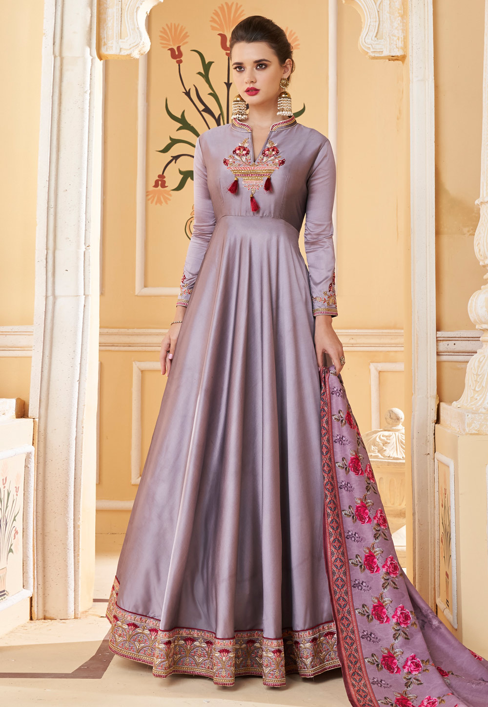 Light Purple Silk Long Anarkali Suit 185731