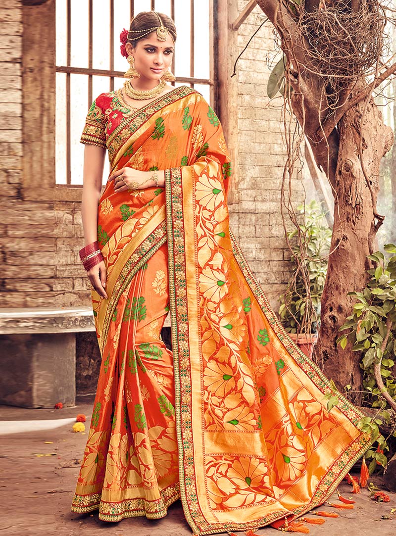 Orange Banarasi Silk Saree With Blouse 101124