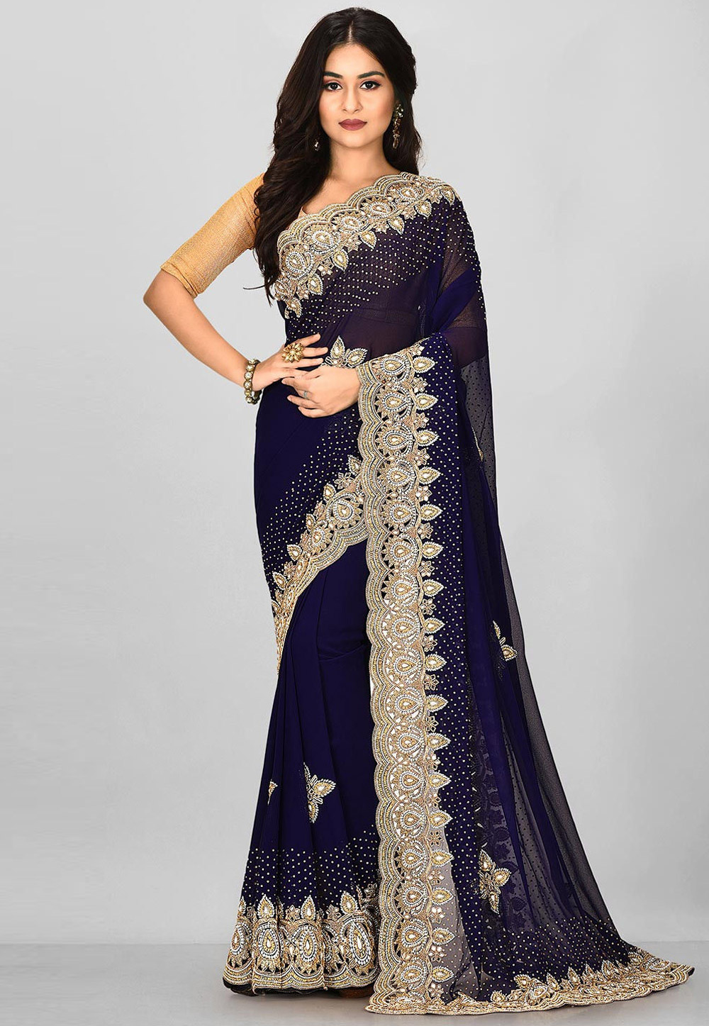 Navy Blue Georgette Saree With Blouse 242951