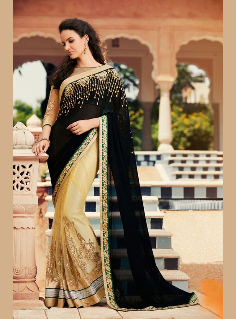 Black Georgette Half and Half Saree With Blouse 61148