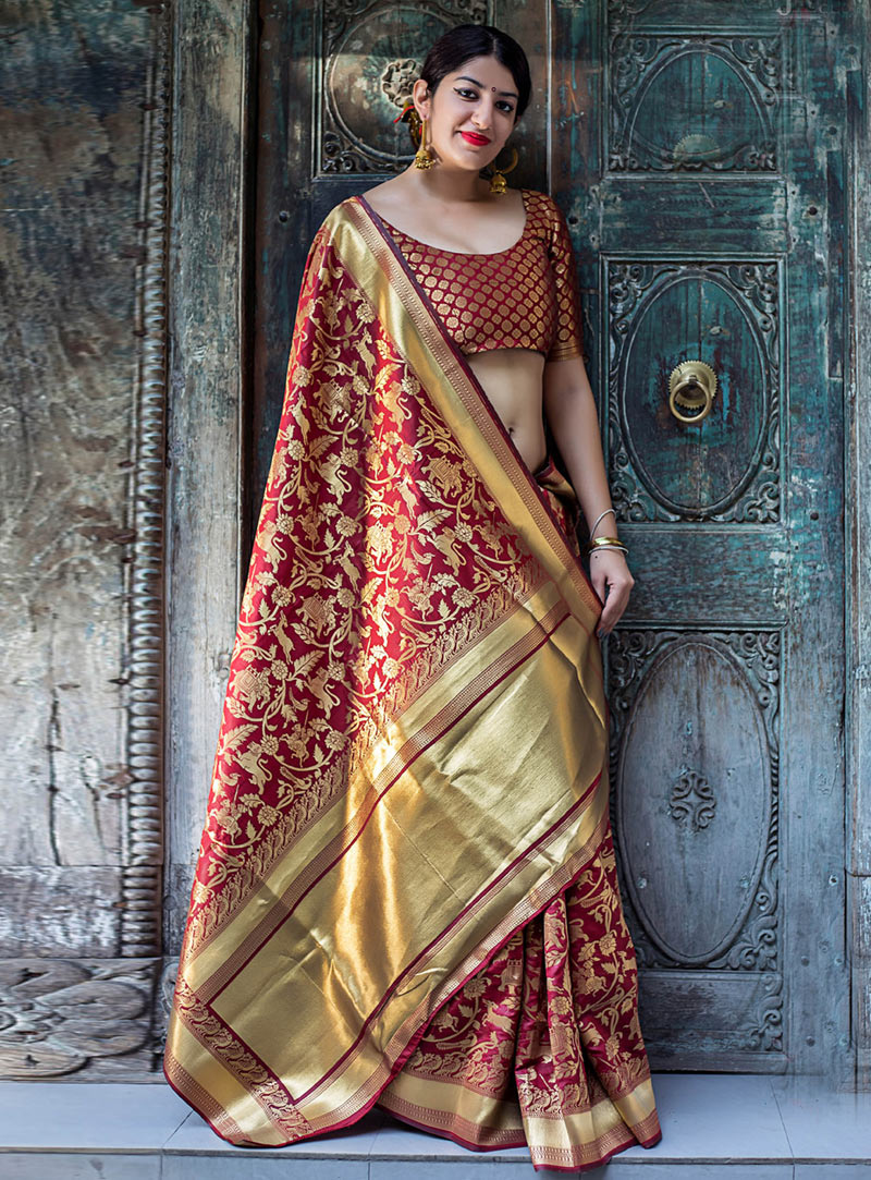 Maroon Banarasi Silk Saree With Blouse 140024