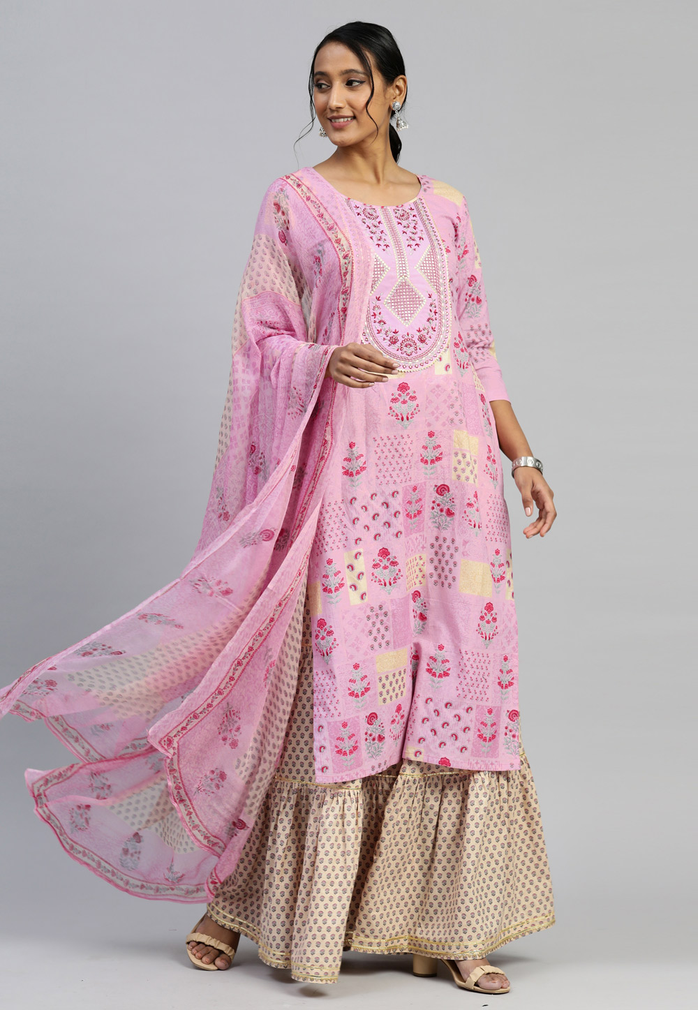 Pink Cotton Readymade Printed Sharara Suit 246223