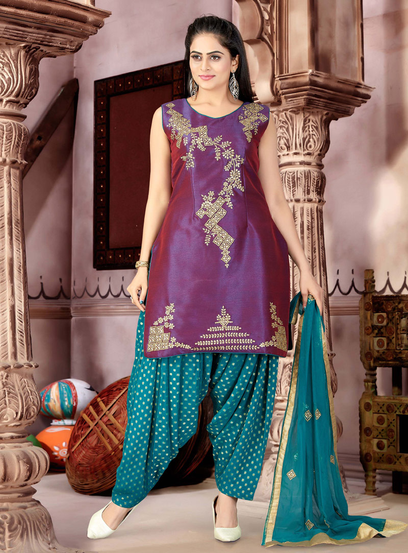 Purple Banarasi Readymade Punjabi Suit 140034