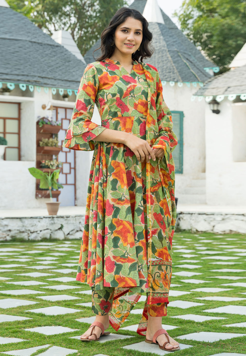 Light Green Cotton Printed Readymade Pant Style Suit 246752