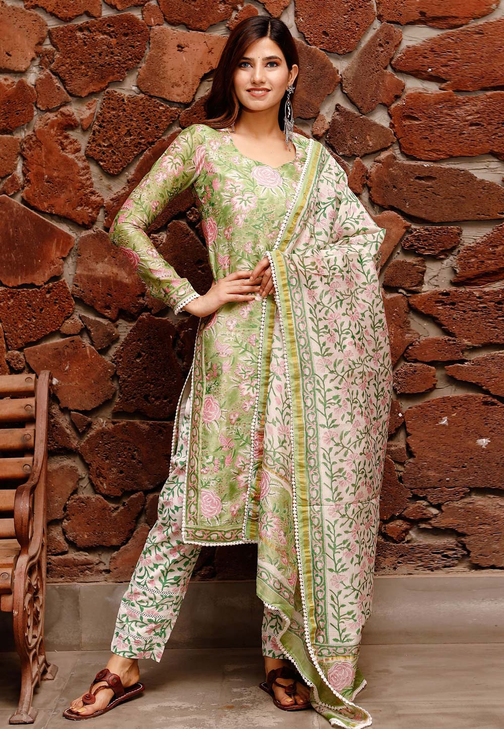 Pista Green Chanderi Printed Readymade Pant Style Suit 246754