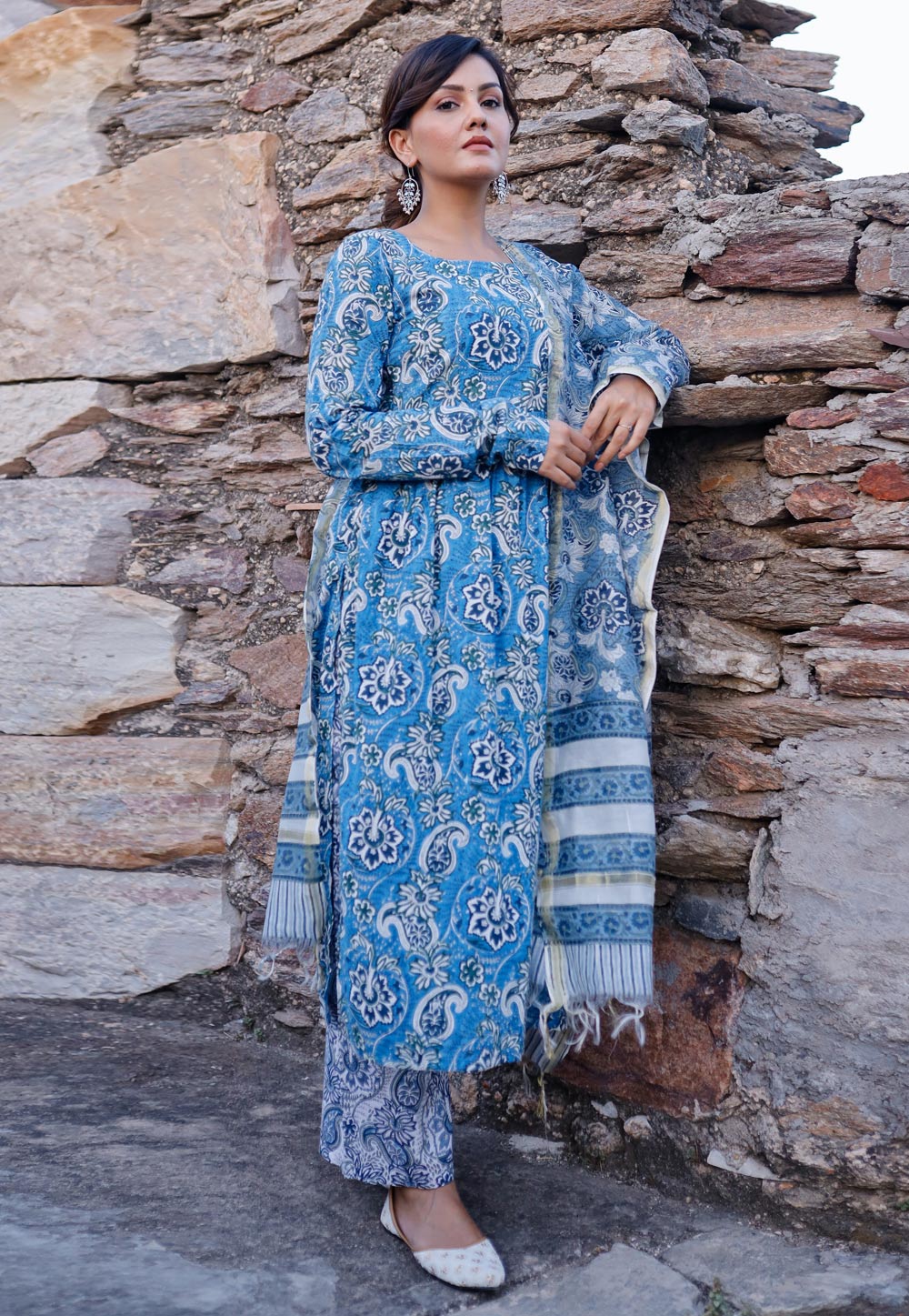 Blue Cotton Readymade Palazzo Suit 247045