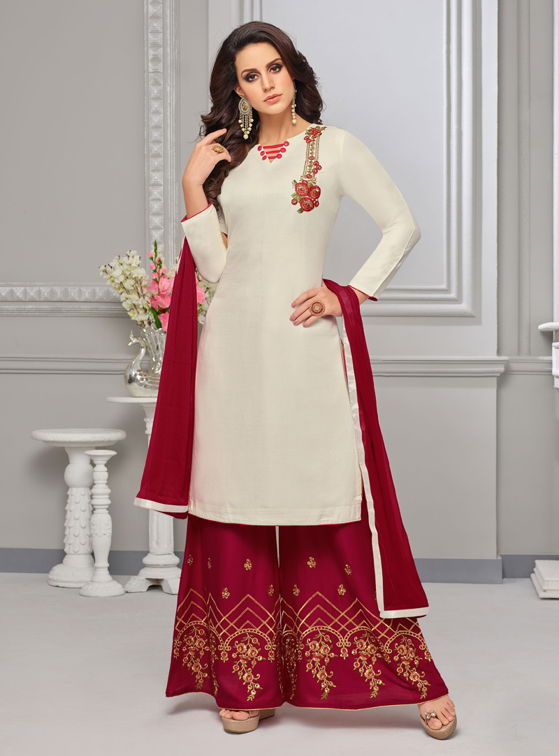 Off White Cotton Kameez With Palazzo 139879