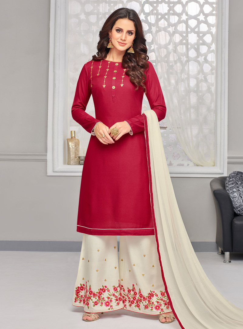 Red Cotton Kameez With Palazzo 139881