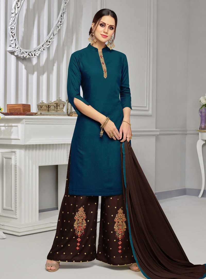 Teal Cotton Kameez With Palazzo 139887