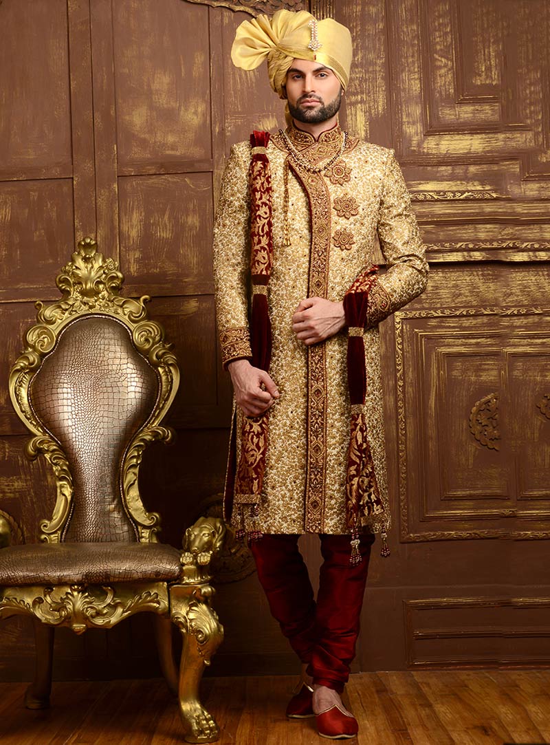 Beige Jacquard Silk Angrakha Style Sherwani 80731