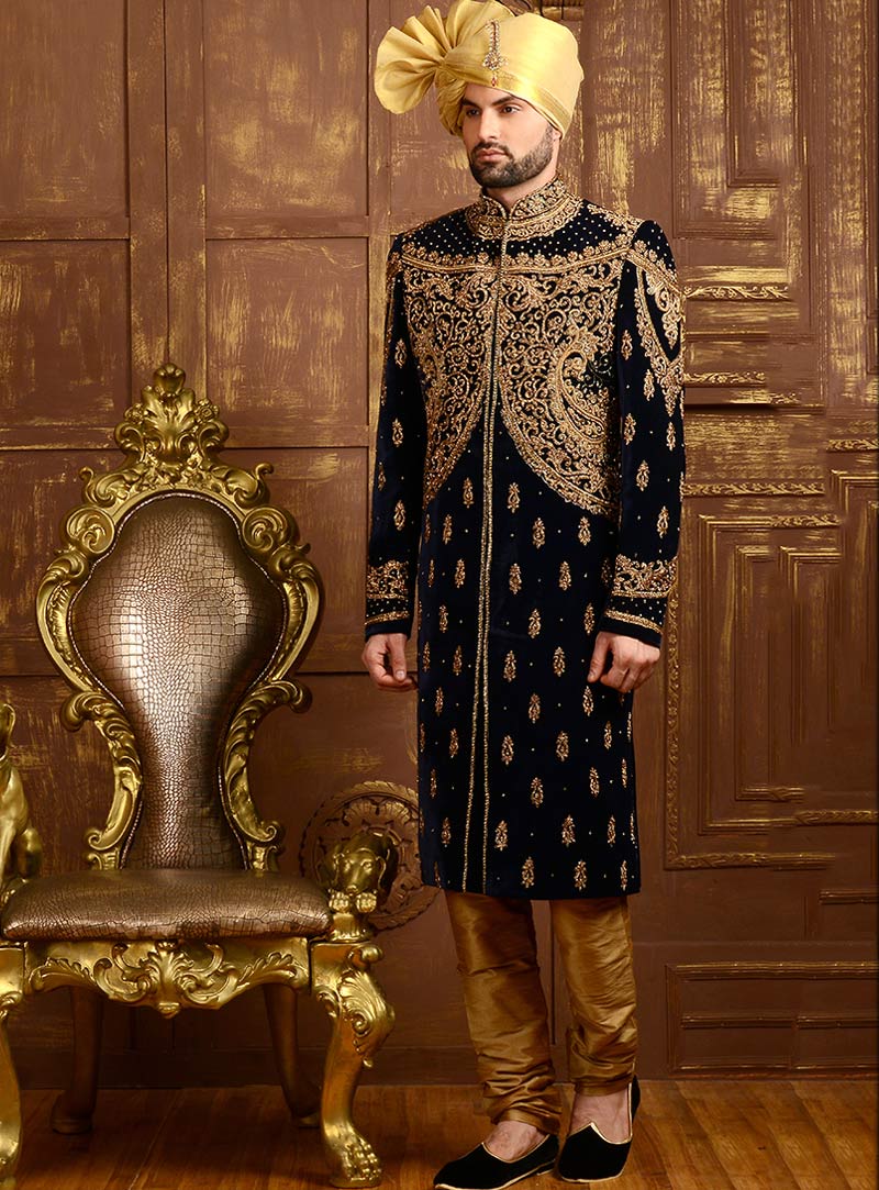 Black Jacquard Silk Angrakha Style Sherwani 80737