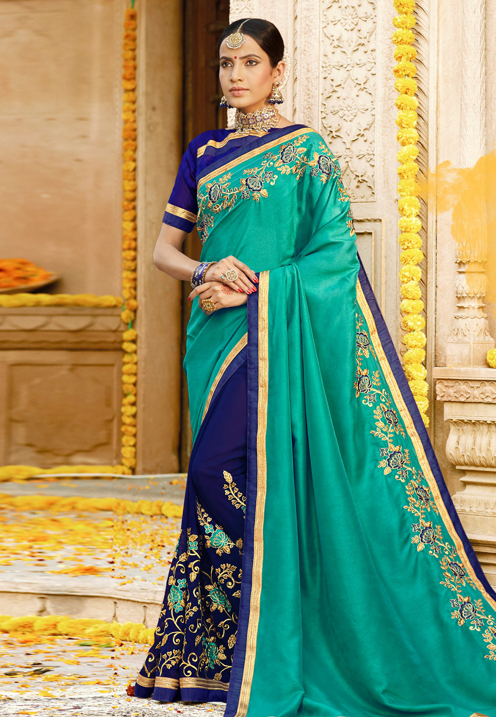 Turquoise Georgette Embroidered Half and Half Saree 176003