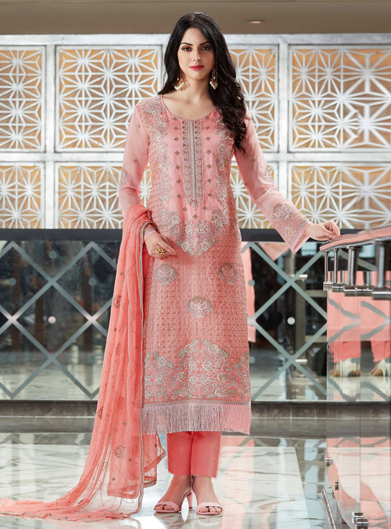 Pink Organza Straight Cut Suit 139935