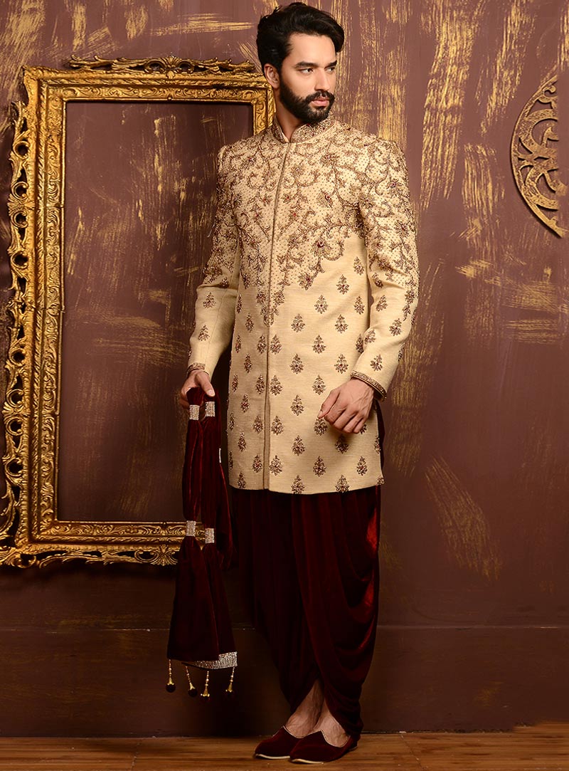 Beige Banarasi Silk Achkan Style Sherwani 80856