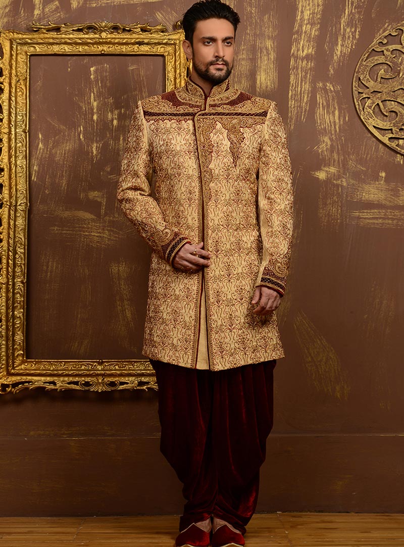 Golden Banarasi Silk Angrakha Style Sherwani 80861