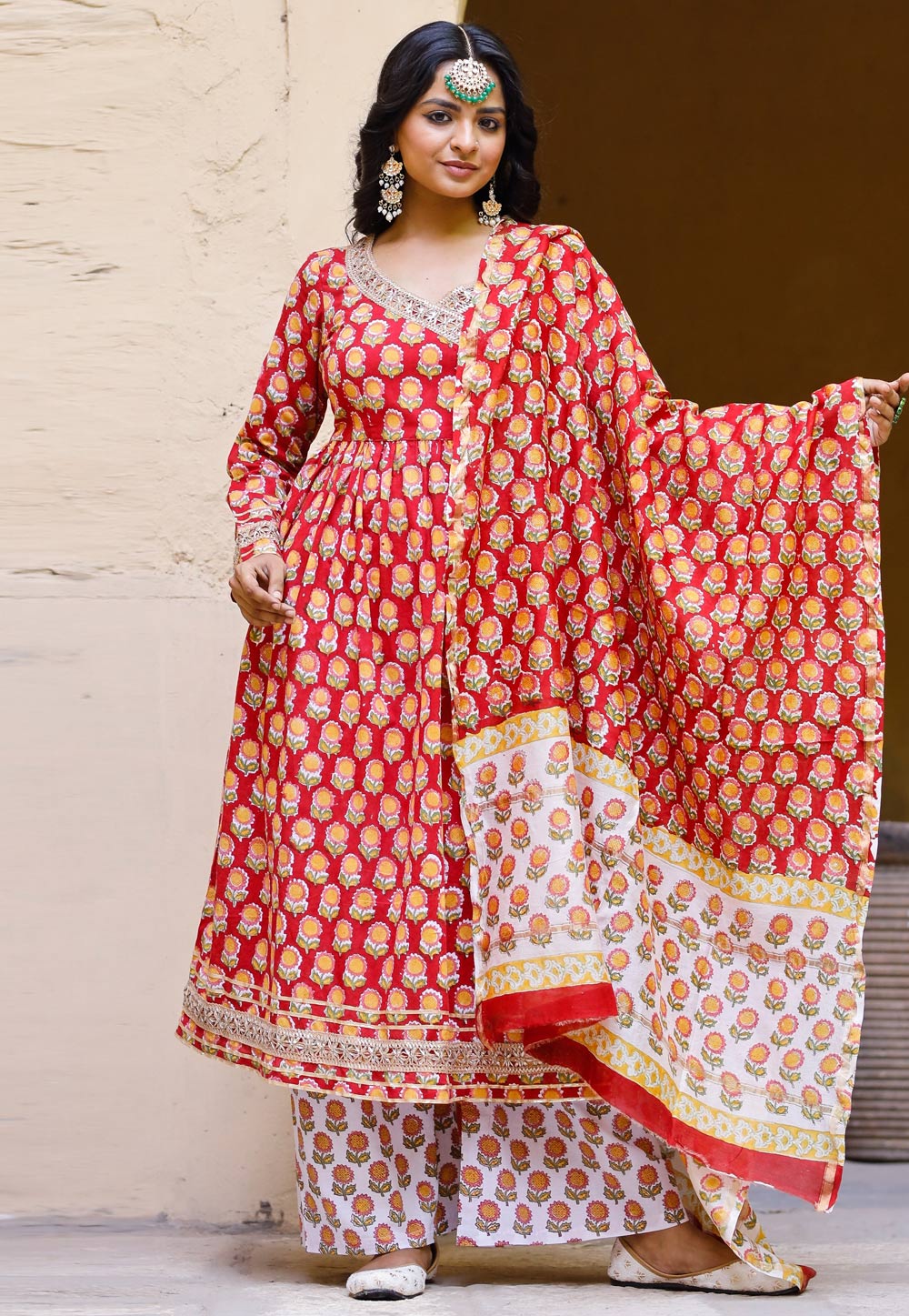 Red Cotton Readymade Palazzo Suit 247054