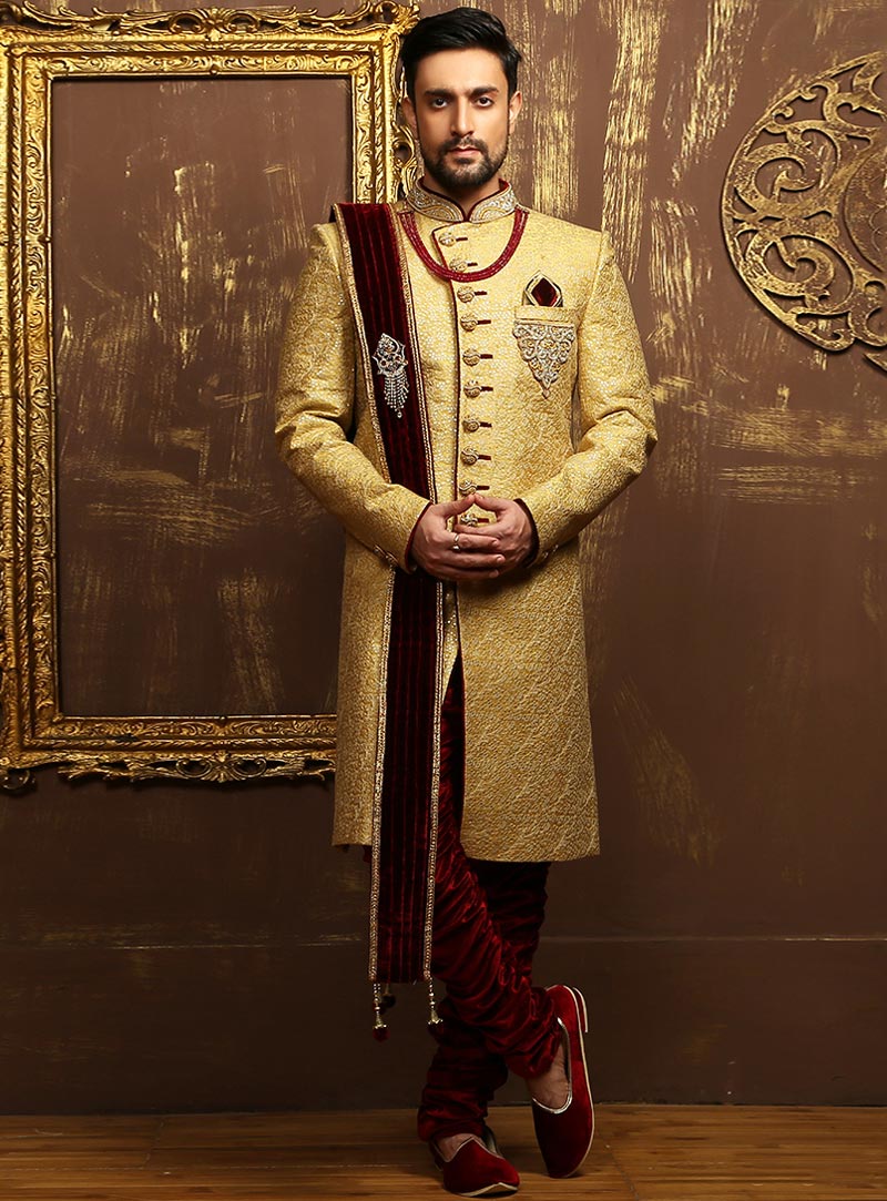 Golden Jacquard Silk Angrakha Style Sherwani 80901