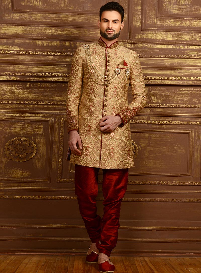 Golden Banarasi Silk Achkan Style Sherwani 80904