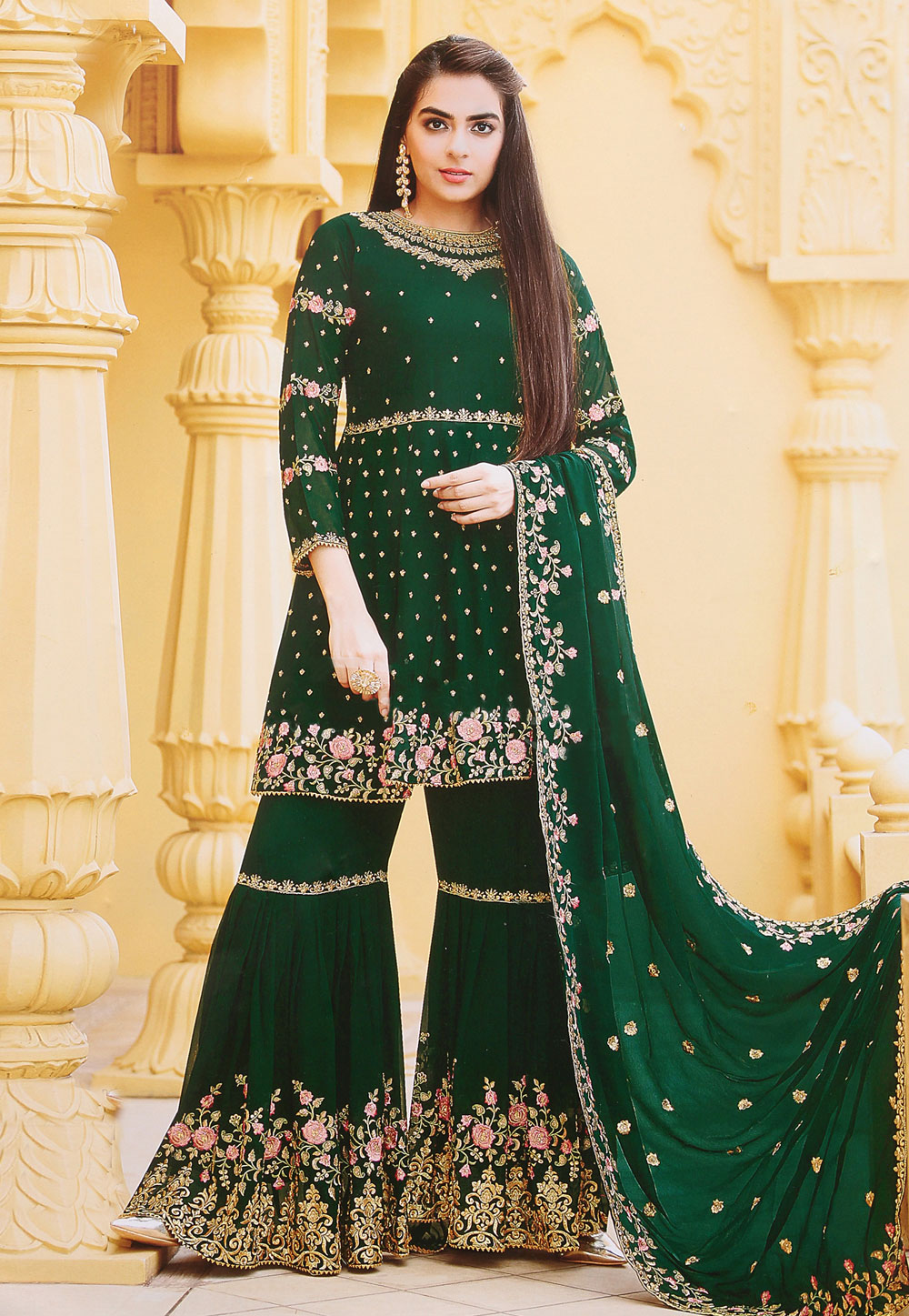 Green Faux Georgette Sharara Suit 245801