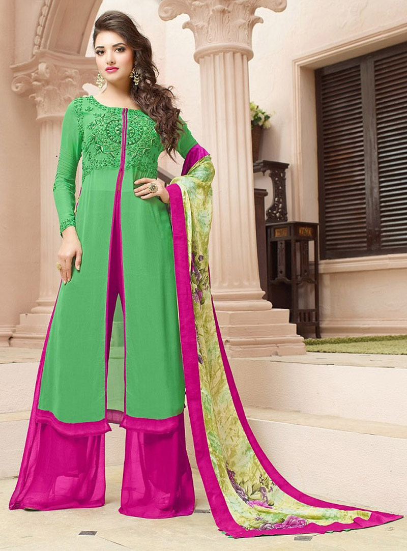 Green Georgette Center Slit Kameez With Palazzo Pant 88360