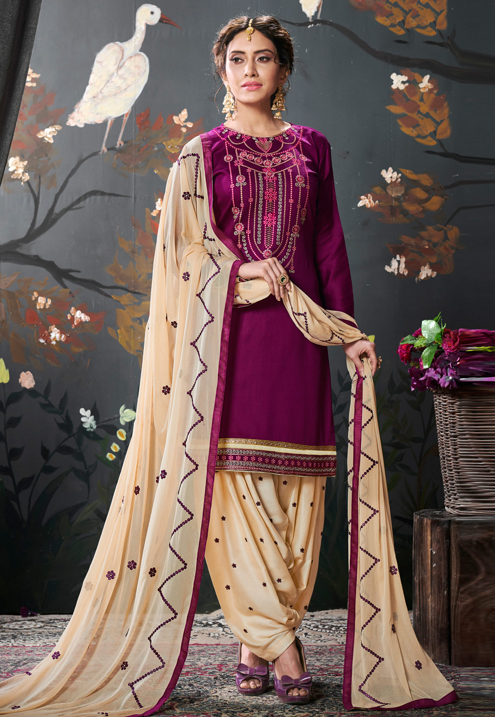 Purple Silk Embroidered Punjabi Suit 176017