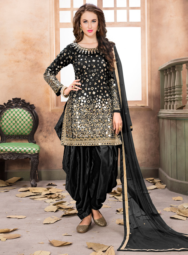 Black Taffeta Silk Punjabi Suit 116788