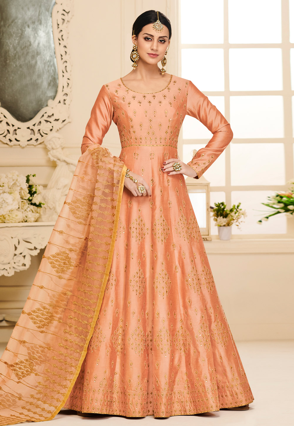 Peach Silk Abaya Style Anarkali Suit 168121