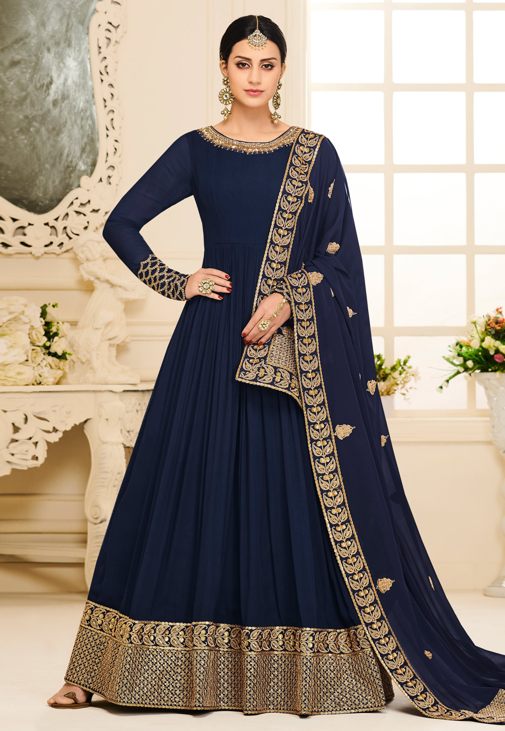 Navy Blue Silk Long Anarkali Suit 168122