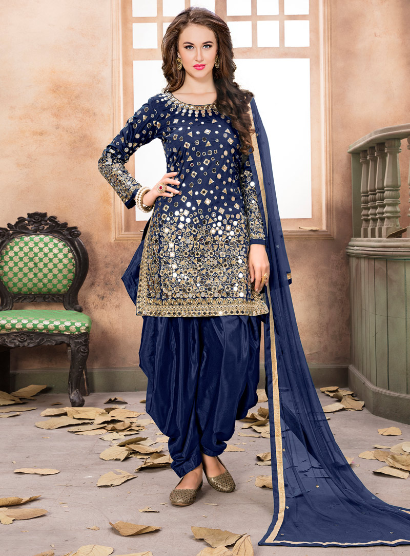 Navy Blue Taffeta Silk Punjabi Suit 116790