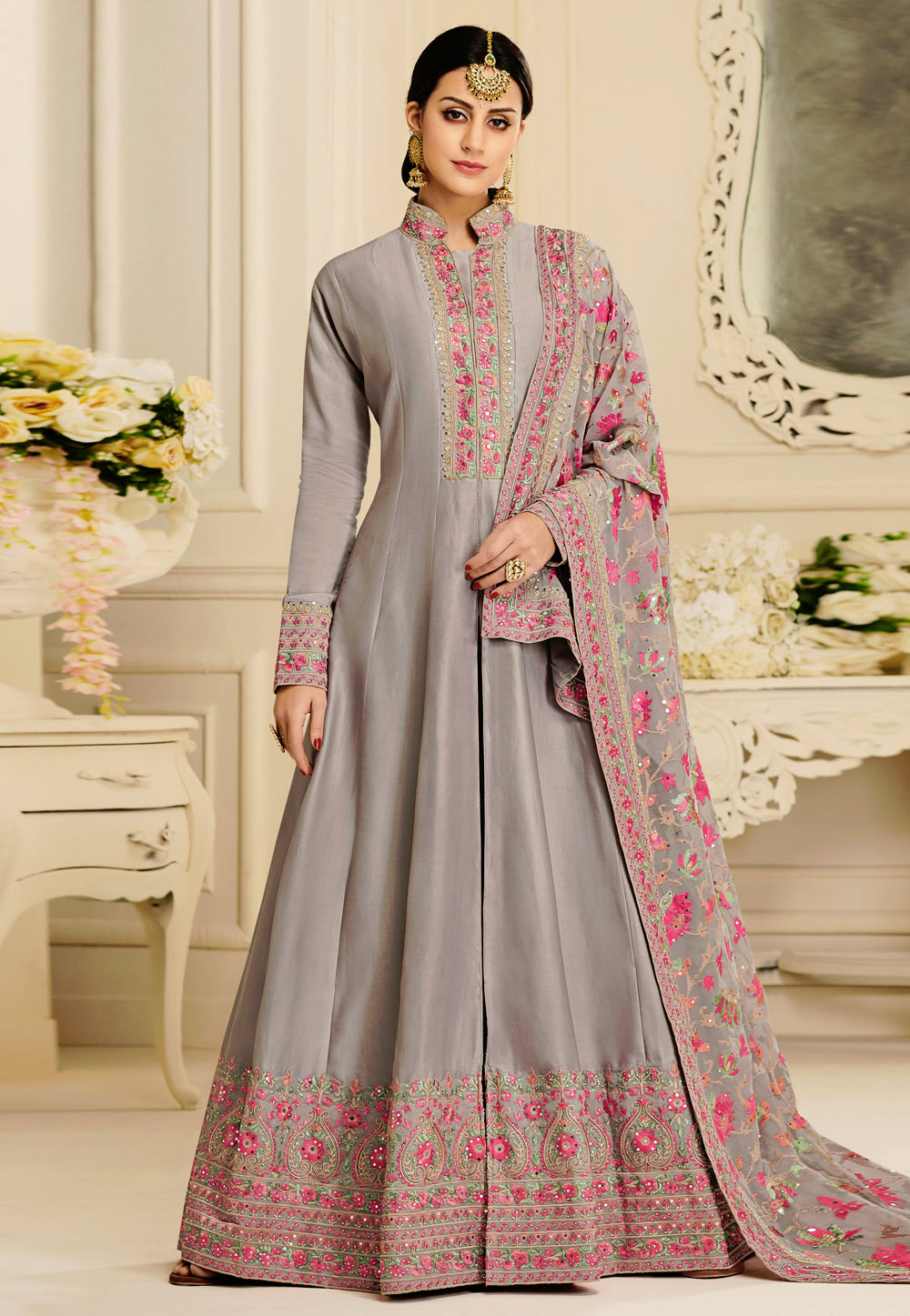 Grey Satin Abaya Style Anarkali Suit 168123