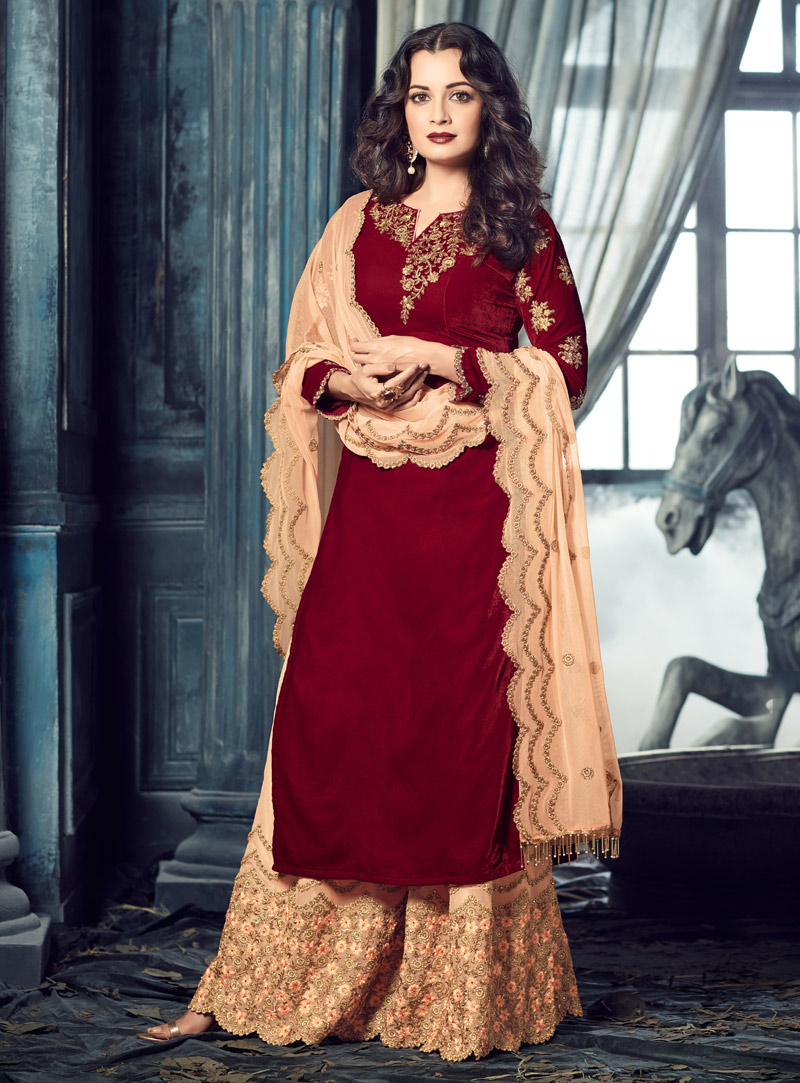 Dia Mirza Maroon Velvet Palazzo Style Salwar Suit  107984