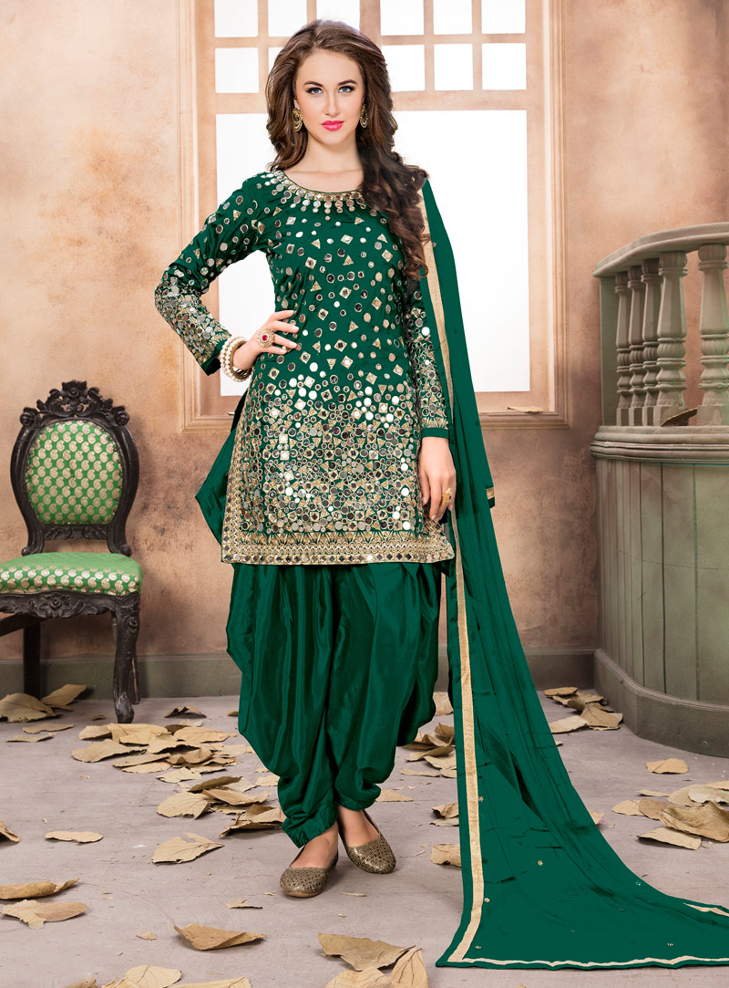 Green Taffeta Silk Punjabi Suit 124352