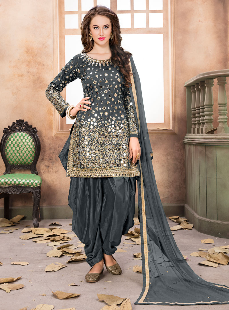 Grey Taffeta Silk Punjabi Suit 124354