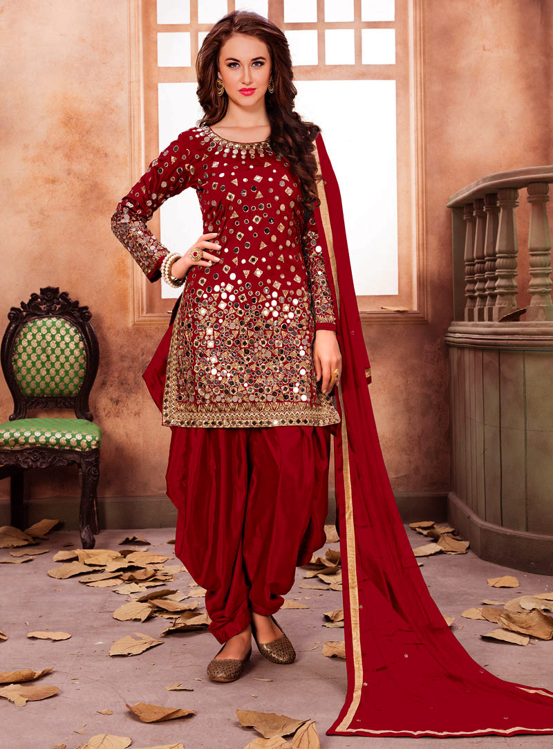 Red Taffeta Silk Patiala Suit 124355