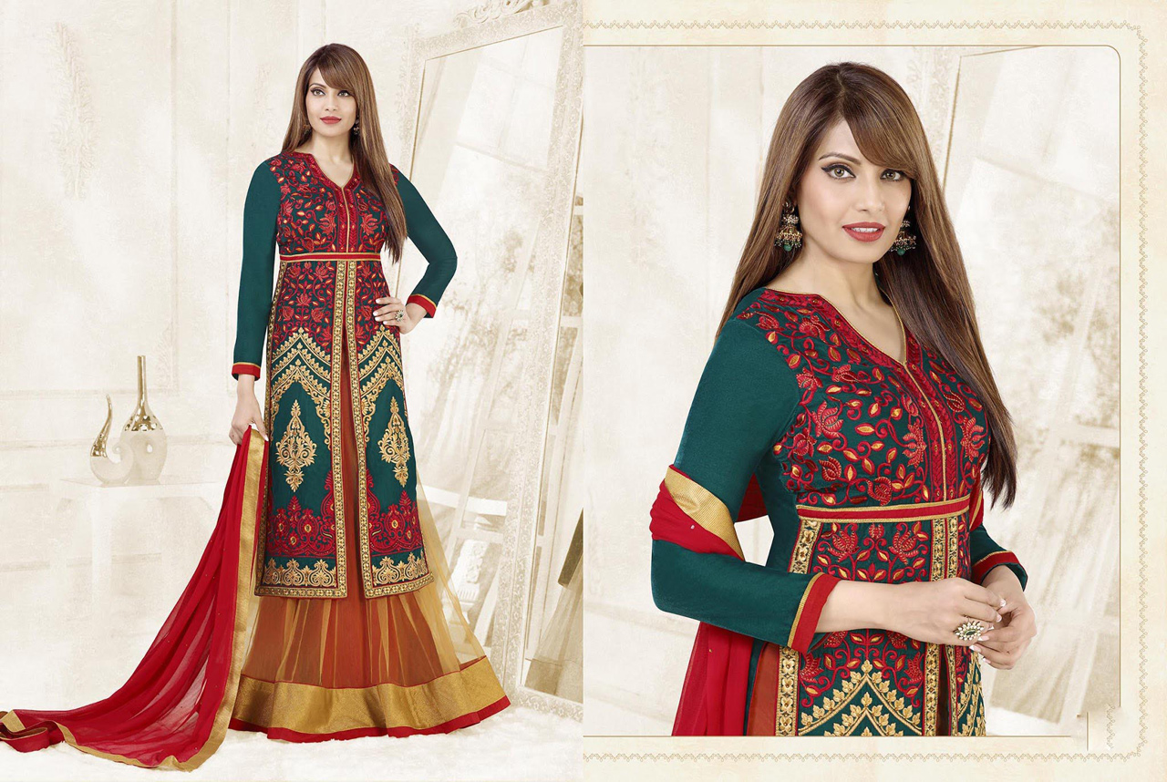 Bipasha Basu Green and Cream Silk Designer Anarkali Suit 38914