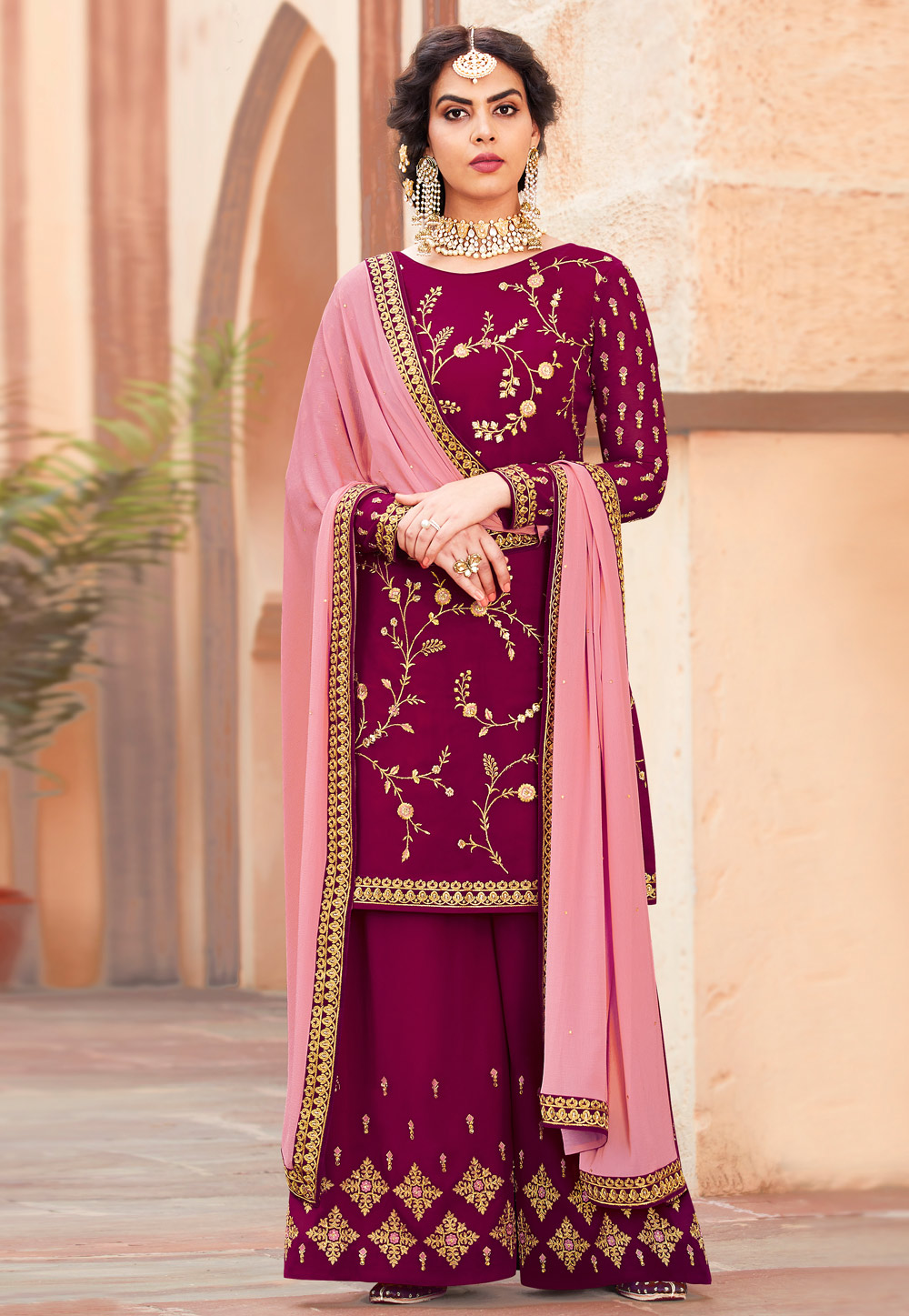 Magenta Georgette Palazzo Style Suit 163955
