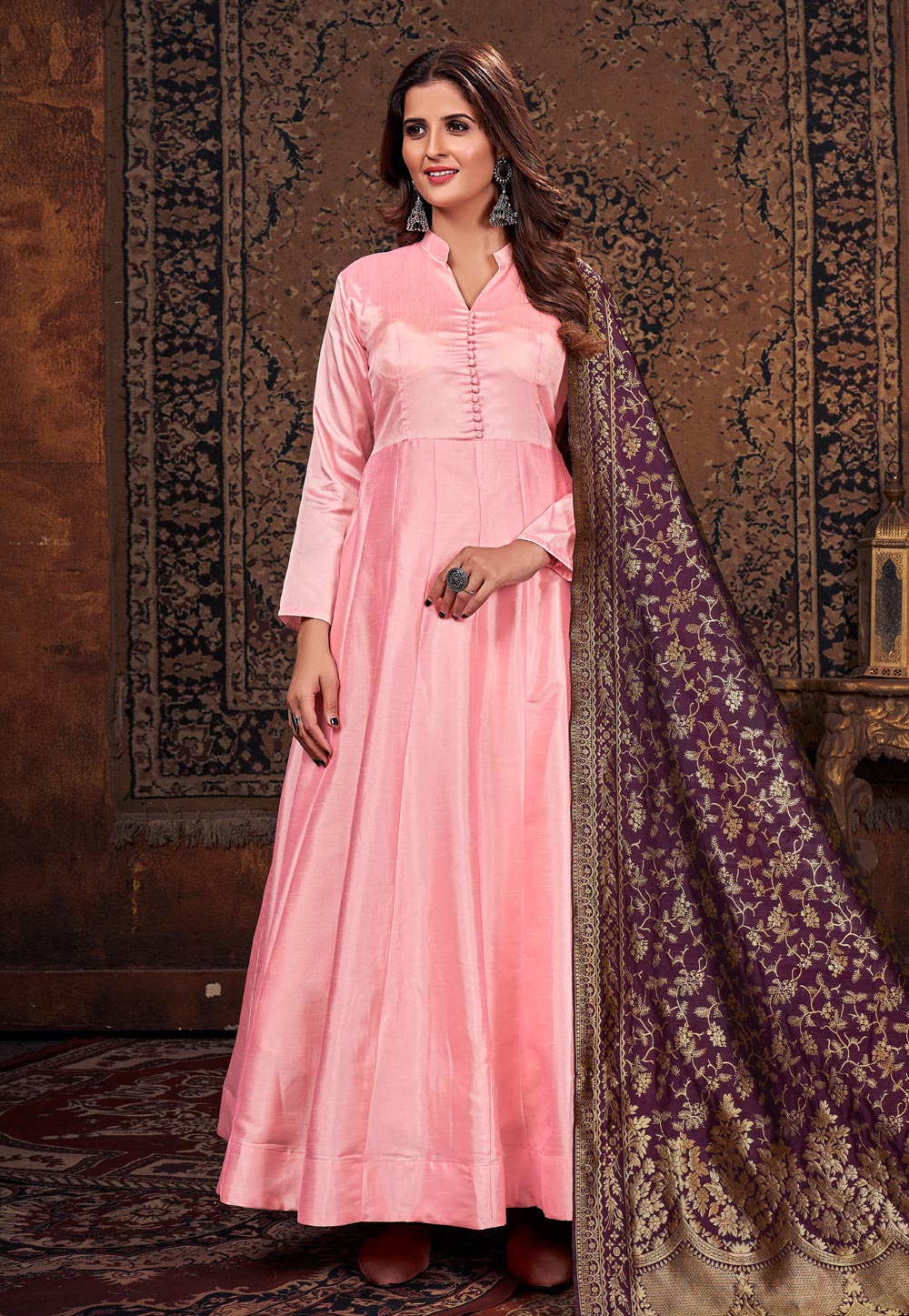 Pink Art Silk Long Anarkali Suit 250906