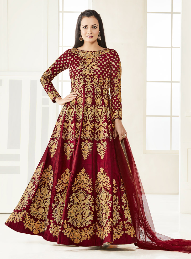 Dia Mirza Maroon Silk Long Anarkali Suit 94759