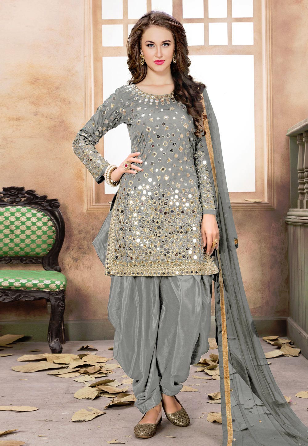 Grey Taffeta Punjabi Suit 186821