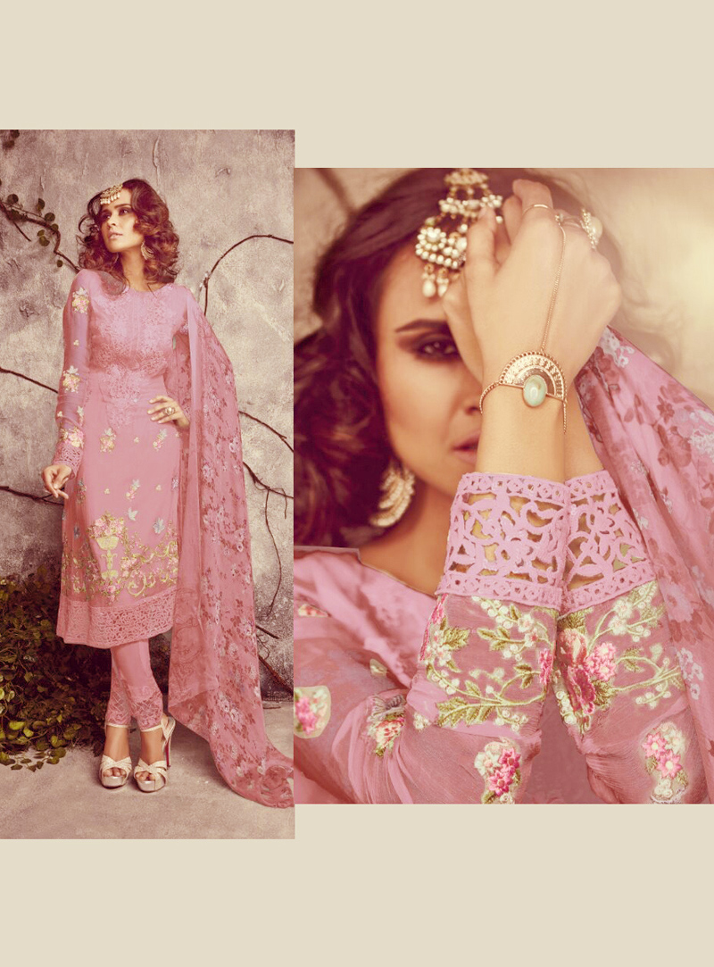Pink Georgette Pant Style Suit 127084