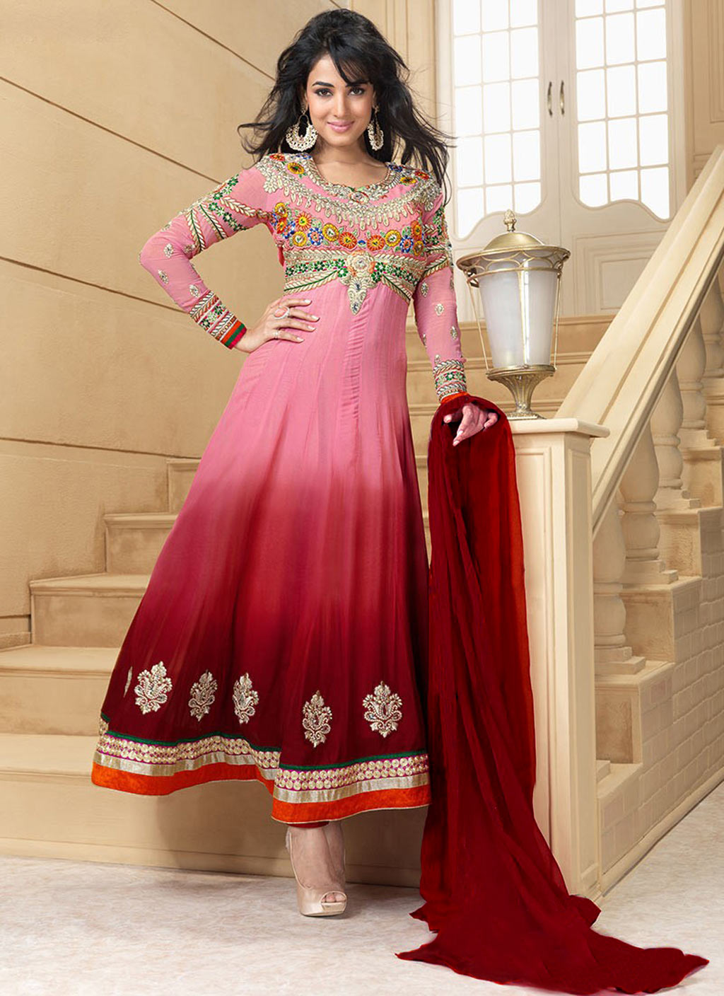 Pink and Red Faux Georgette Embroidery Anarkali Salwar Suit 23917
