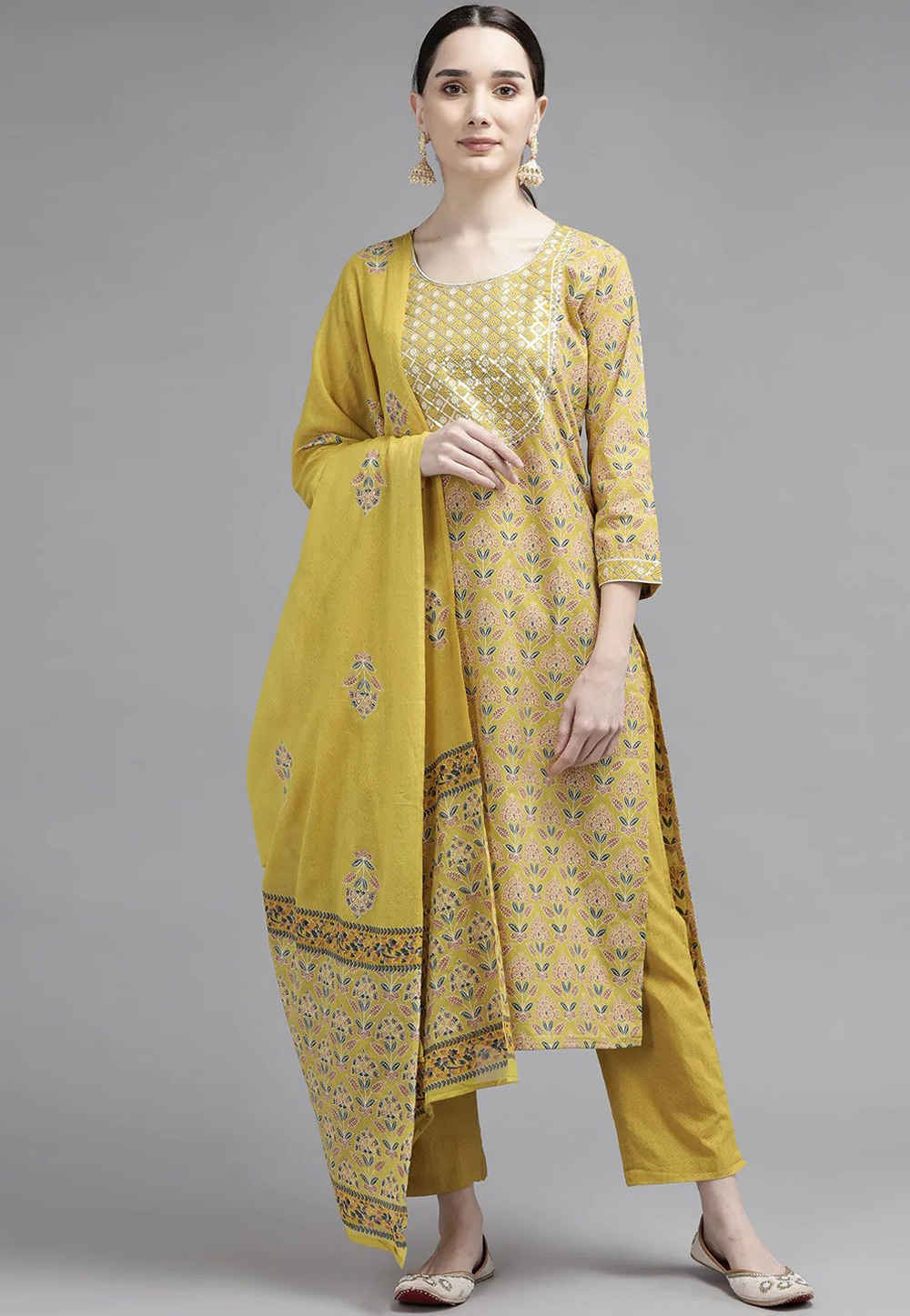 Mustard Cotton Readymade Pant Style Suit 247528