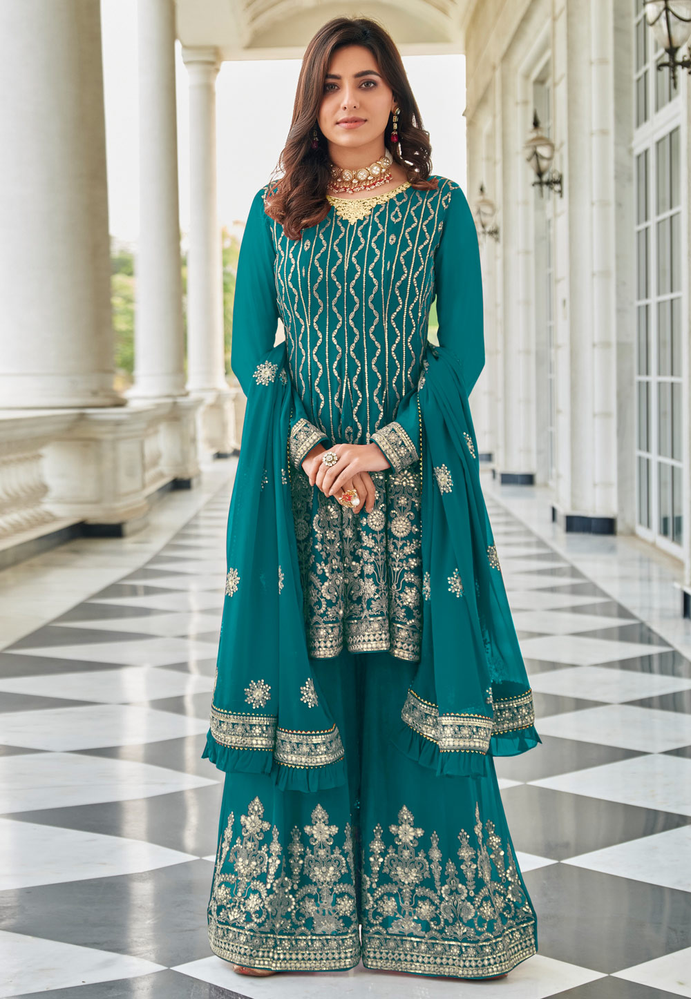Turquoise Georgette Palazzo Suit 250688