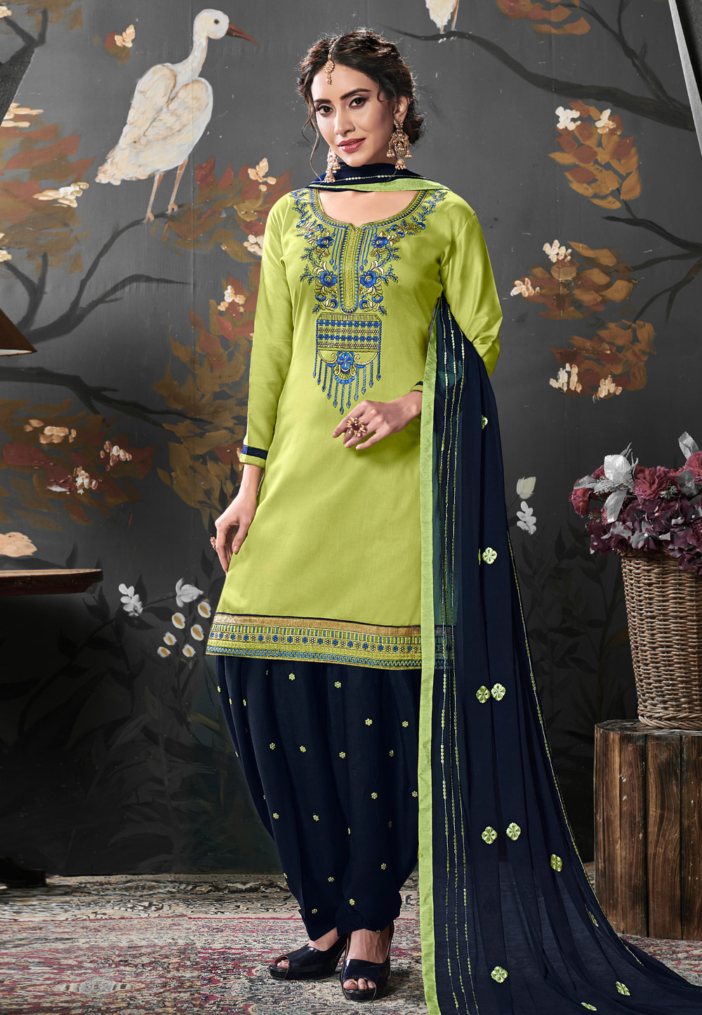 Light Green Silk Embroidered Punjabi Suit 176021