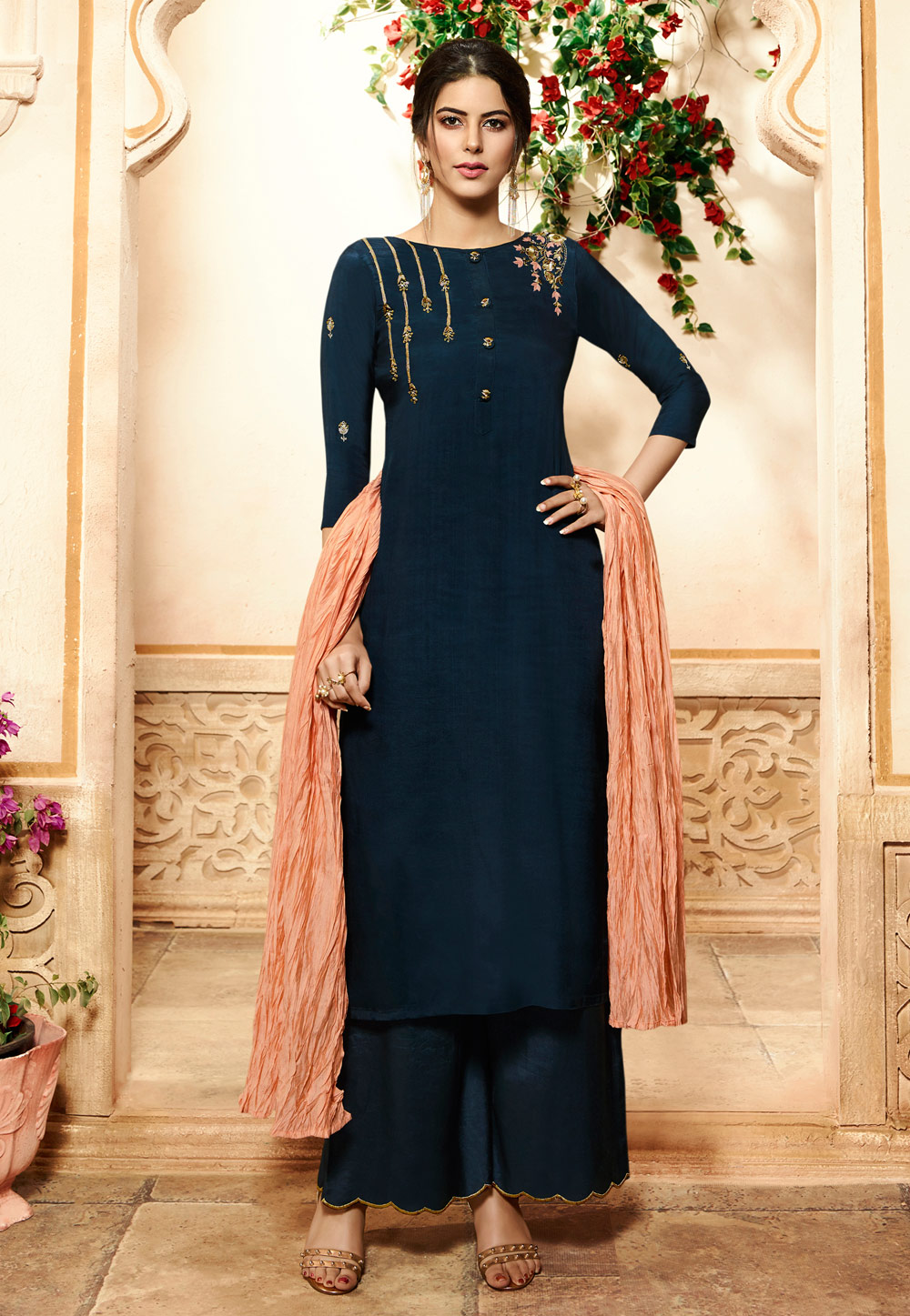 Navy Blue Viscose Palazzo Style Suit 185859
