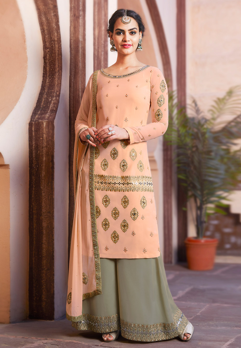 Peach Georgette Palazzo Style Suit 163958
